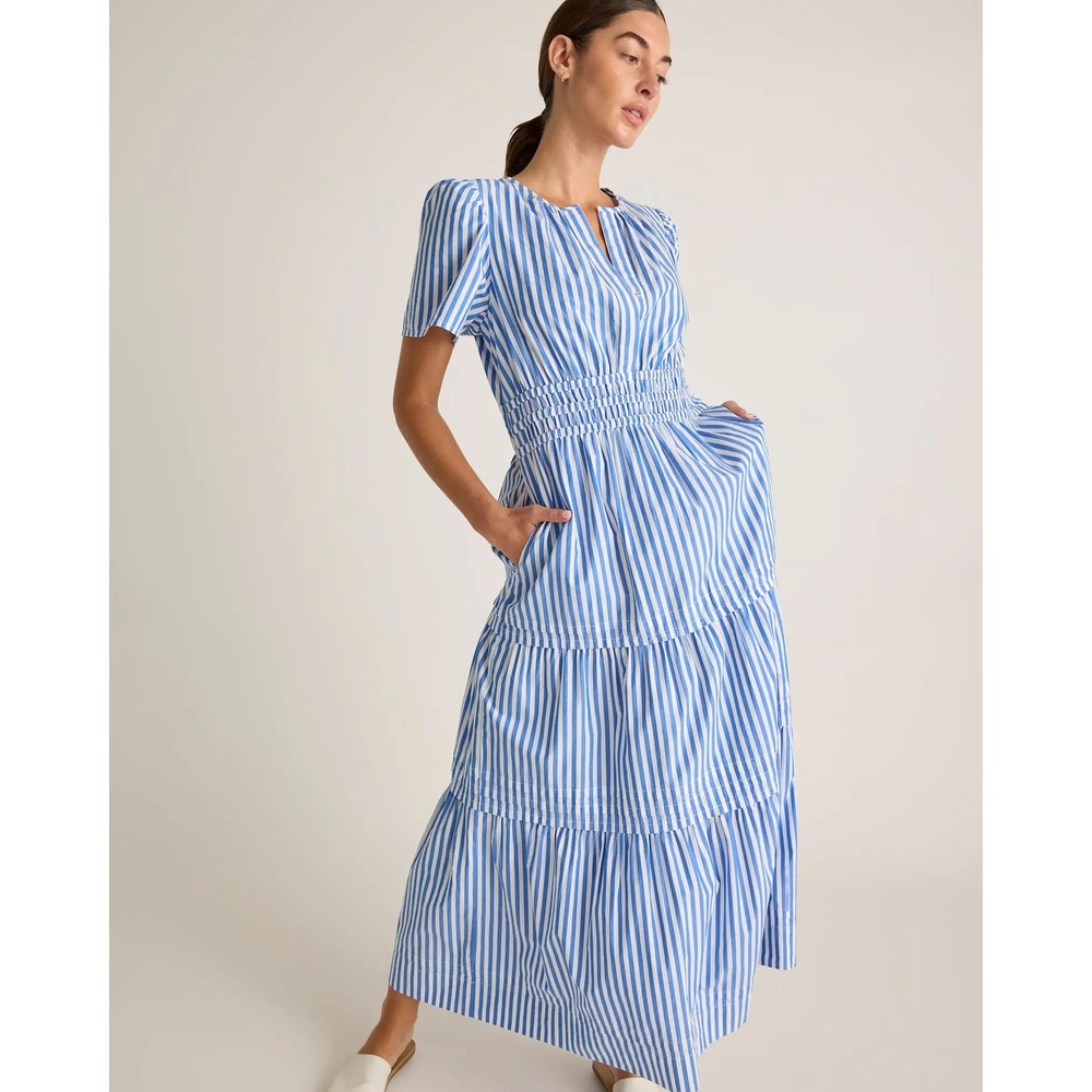 Quince Organic Cotton Striped Tiered Maxi Dress Azure Blue White Size Medium‎